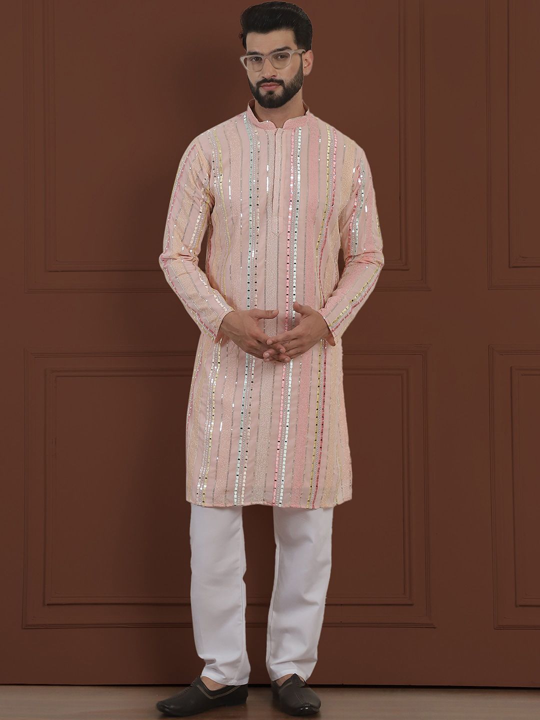 SOJANYA LUXE  Striped Embroidered Mirror Work Straight Kurta With Pyjama