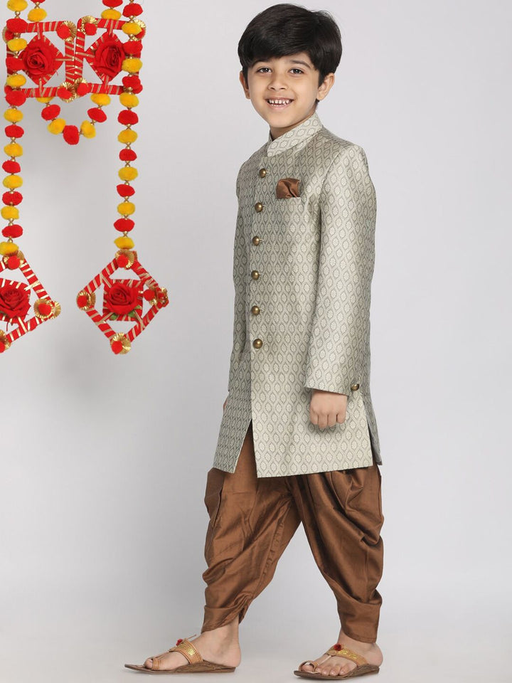 Vastramay Boys 'Gray and Coffee Brown Brown Indowestern Sherwani dan Cowl Dhoti Pant Set