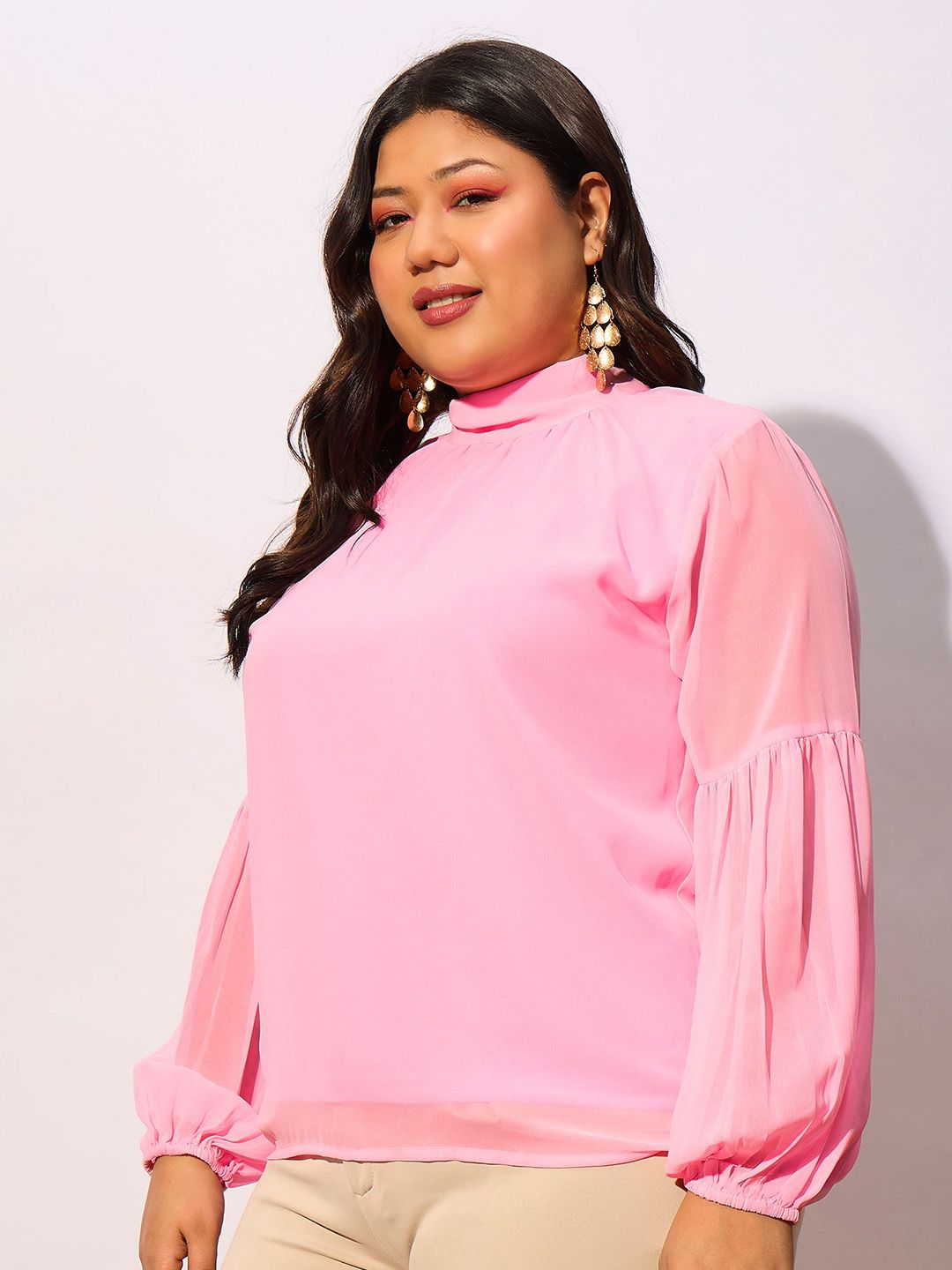 SASSAFRAS Curve Plus Size High Neck Georgette Top