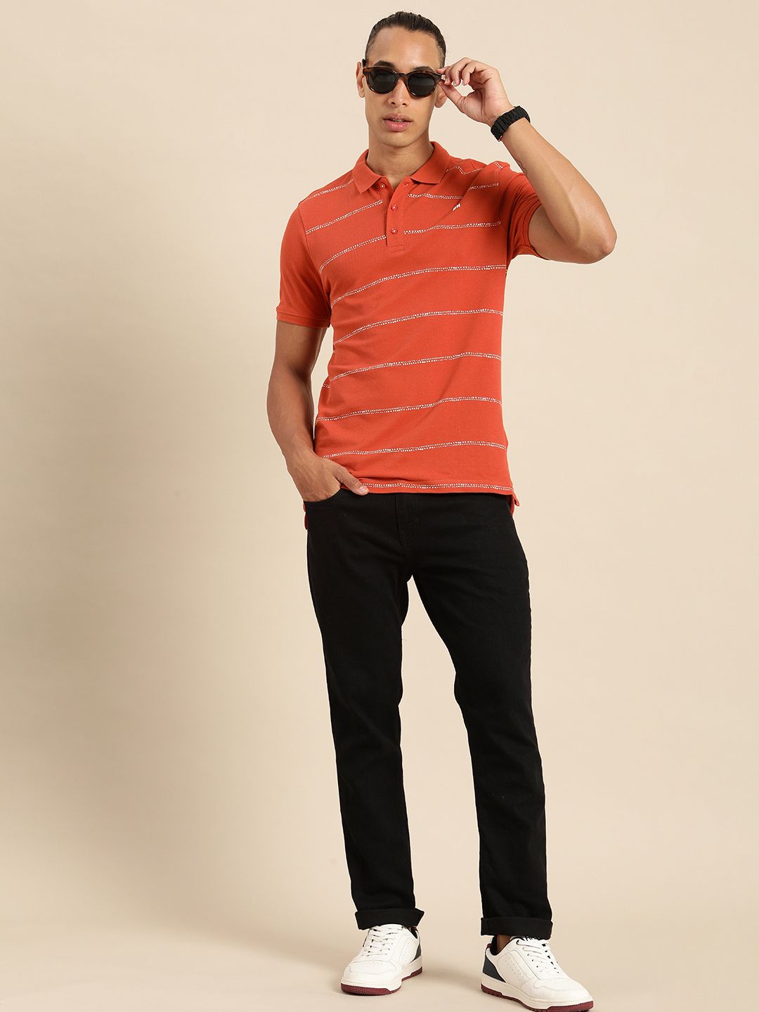 Being Human Striped Polo Collar Pure Cotton T-shirt