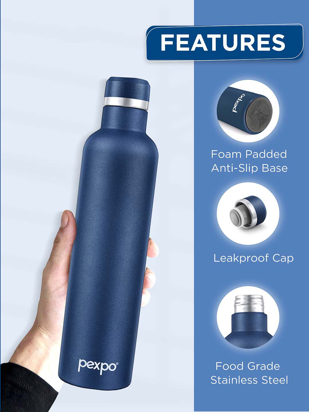 Pexpo Oreo Denim Blue Thermosteel ISI Certified Hot Flask Insulated Water Bottle 1000ml