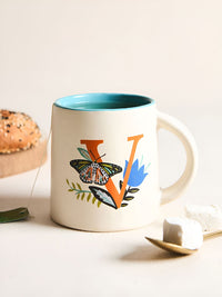 Chumbak Off White & Orange Printed Ceramic Glossy Mug 300 ml