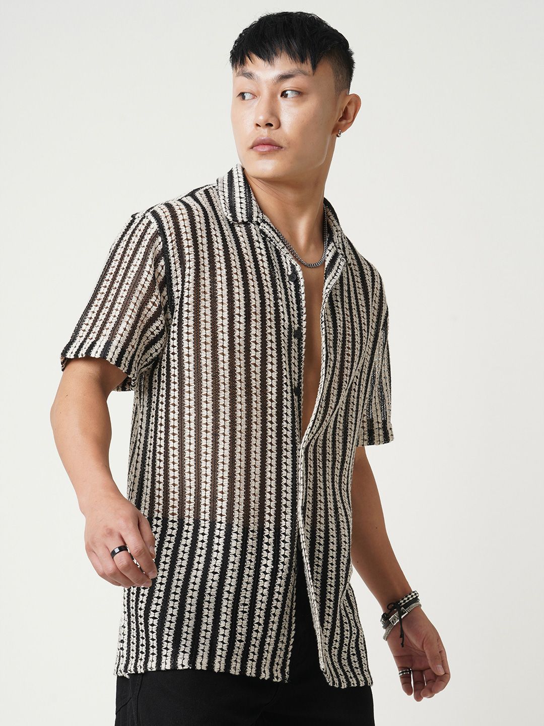 VASTRADO Men Classic Cuban Collar Multi Striped Pure Cotton Oversized Casual Shirt