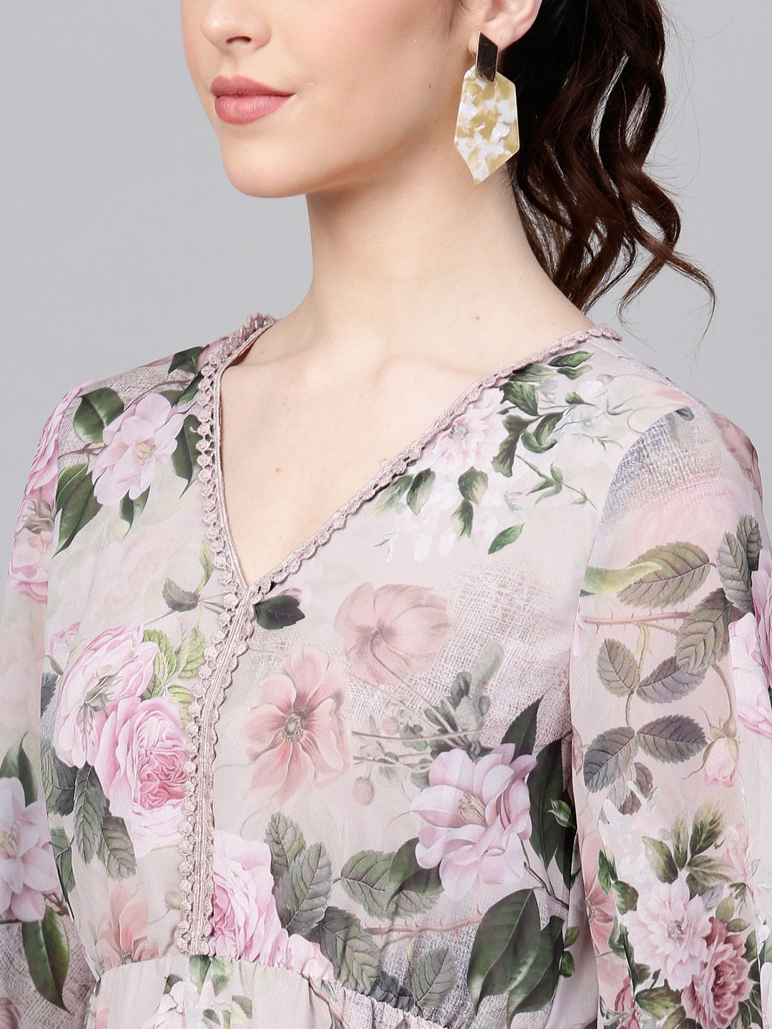 SASSAFRAS Taupe & Green Floral Printed Maxi Dress