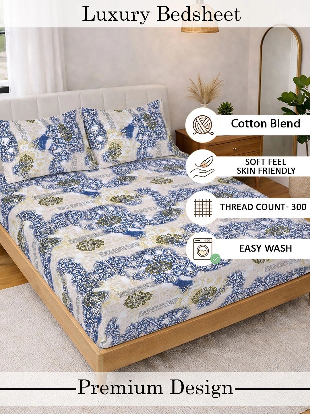 KLOTTHE Blue Ethnic Motifs  300 TC Super King Fine Bedsheets