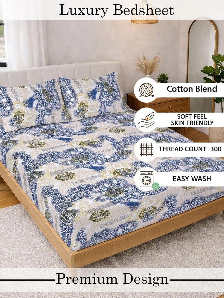 KLOTTHE Blue Ethnic Motifs  300 TC Super King Fine Bedsheets