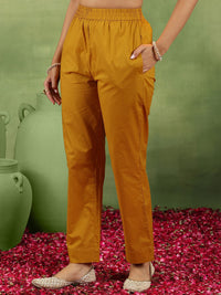Libas Mustrad Yellow Floral Embroidered Schiffli Cotton Kurta With Trousers & Dupatta