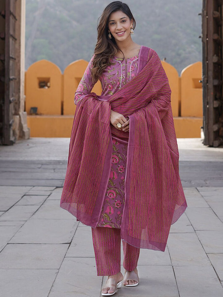 KALINI Floral Printed Pure Cotton Kurta with Trousers & With Dupatta