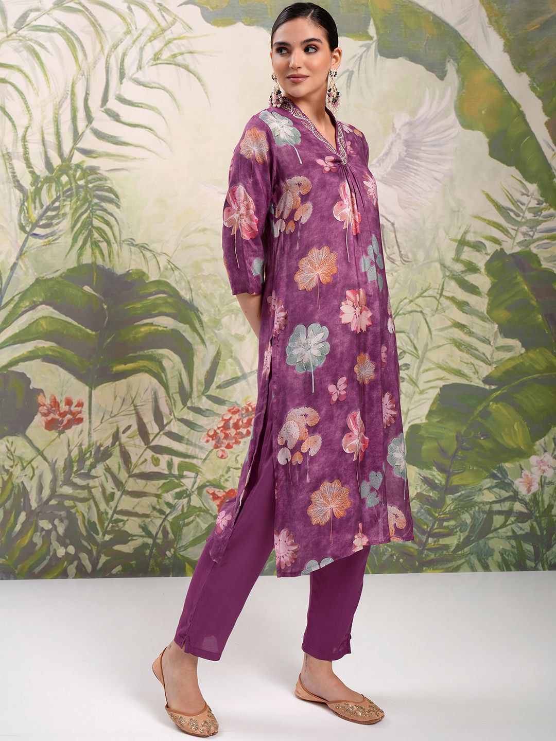 Vishudh Burgundy Floral Printed Beads & Stones Straight Kurta With Trousers & Dupatta