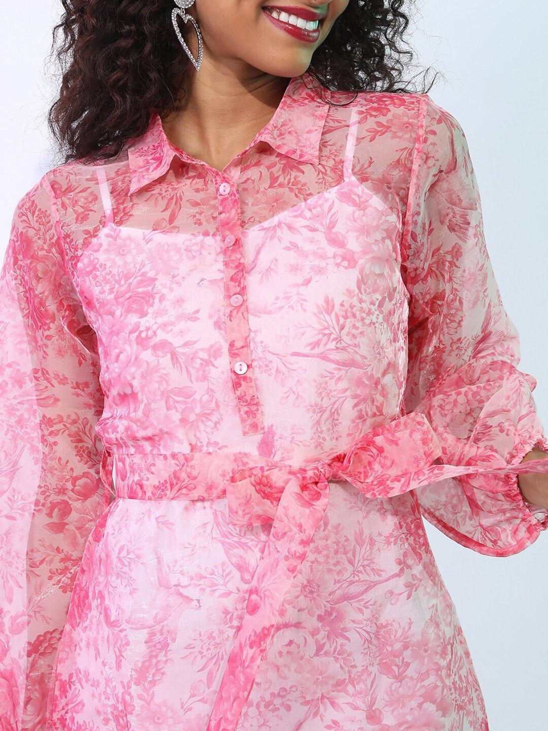 Tokyo Talkies Pink Floral Printed Organza Shirt Dress With Belt
