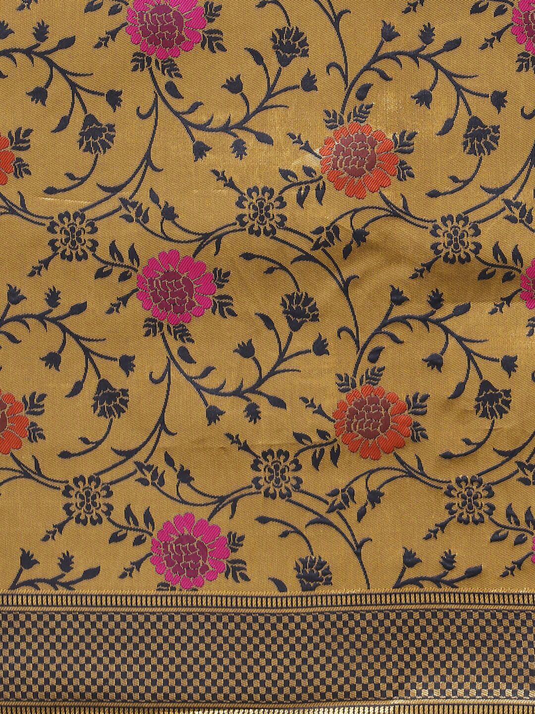 Saree mall Golden & Navy Blue Floral Woven Design Banarasi Saree