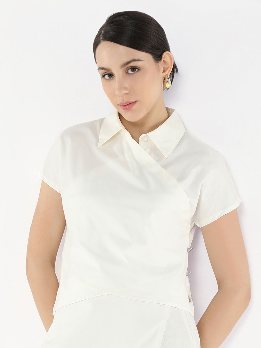RAREISM Solid Cotton Shirt Collar Top