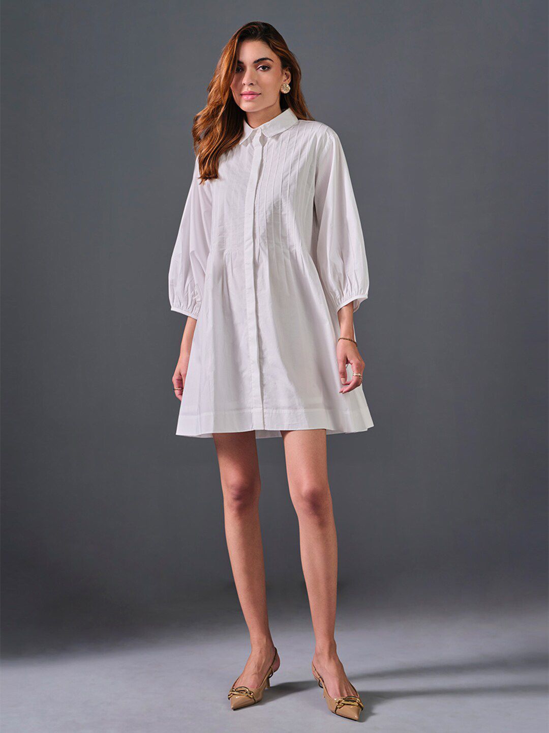 AND Self Design Cuffed Sleeves Cotton Shirt Dress