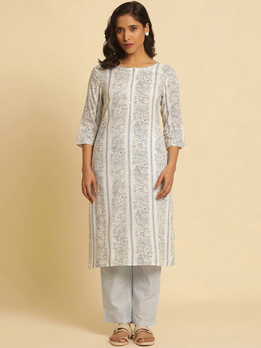 W Floral Printed Round Neck Straight Kurta With Trouser