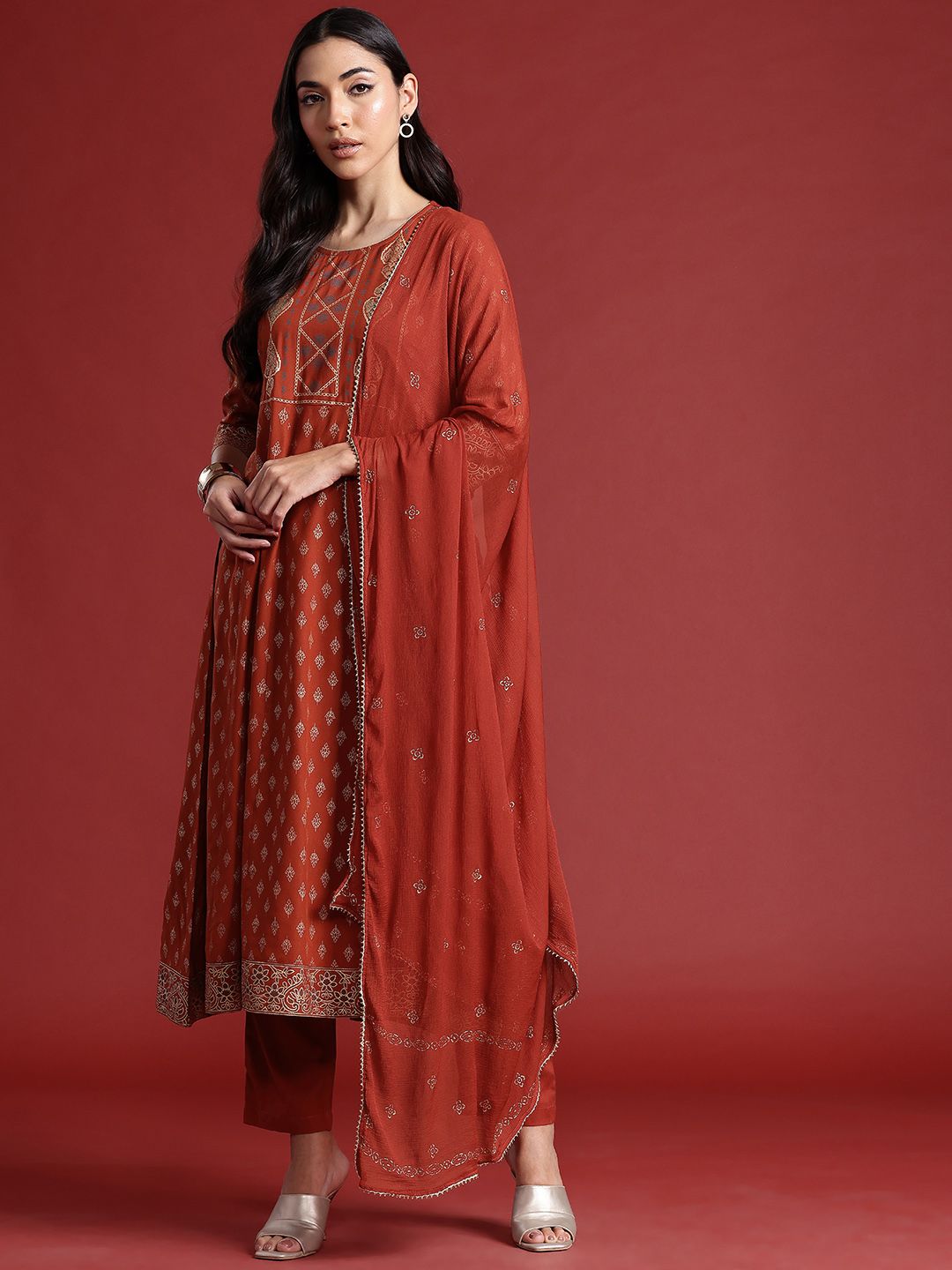 Anouk Women Ethnic Motifs Printed Pleated Kurta with Trousers & Dupatta