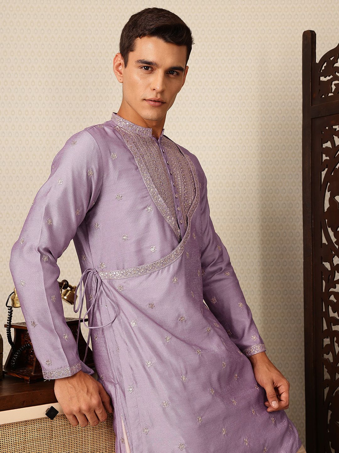 House of Pataudi  Floral Yoke Design Angrakha Sequinned Jashn Kurta with Salwar