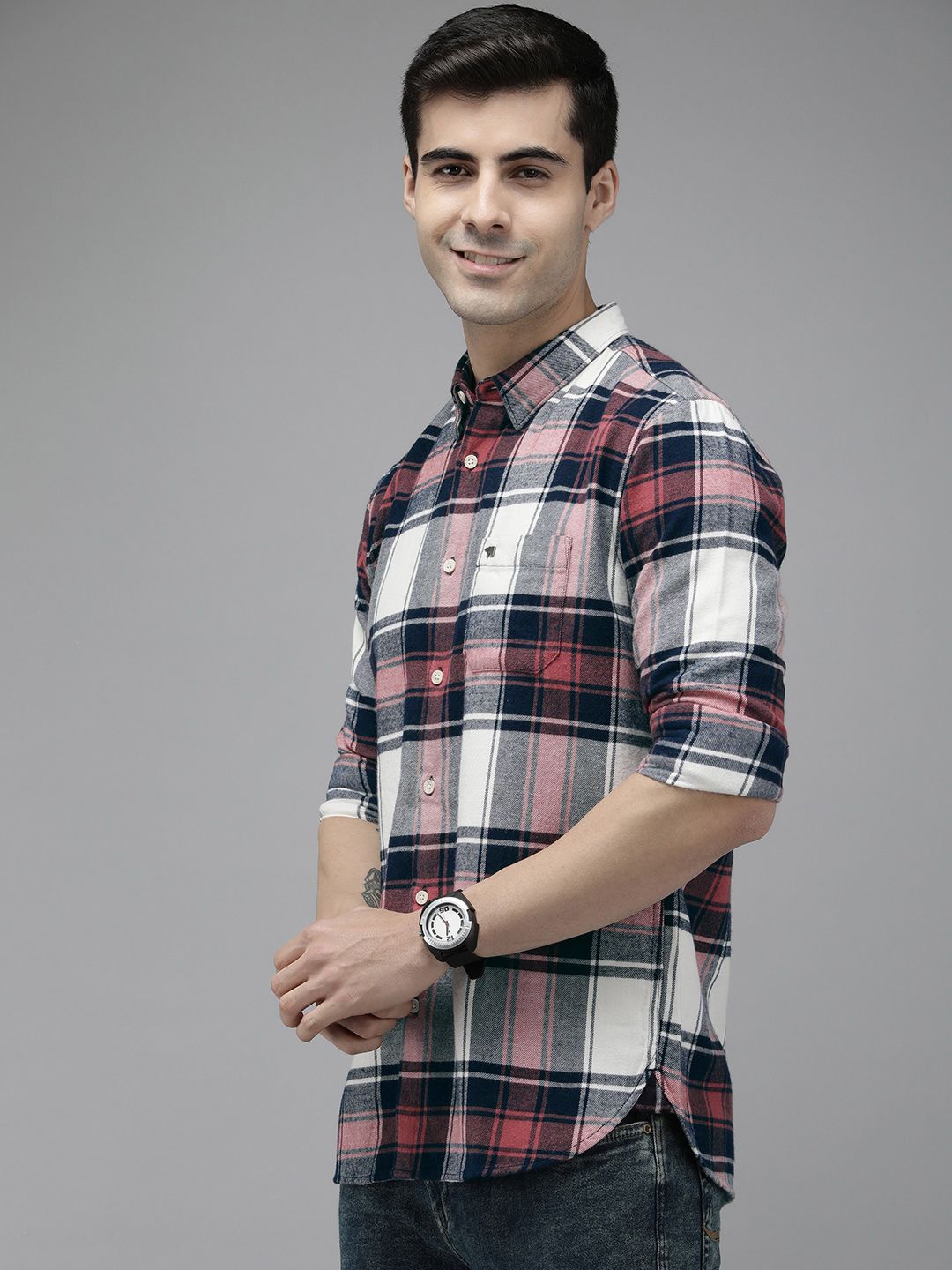 THE BEAR HOUSE Men Pink & Navy Blue Slim Fit Tartan Checked Cotton Casual Shirt