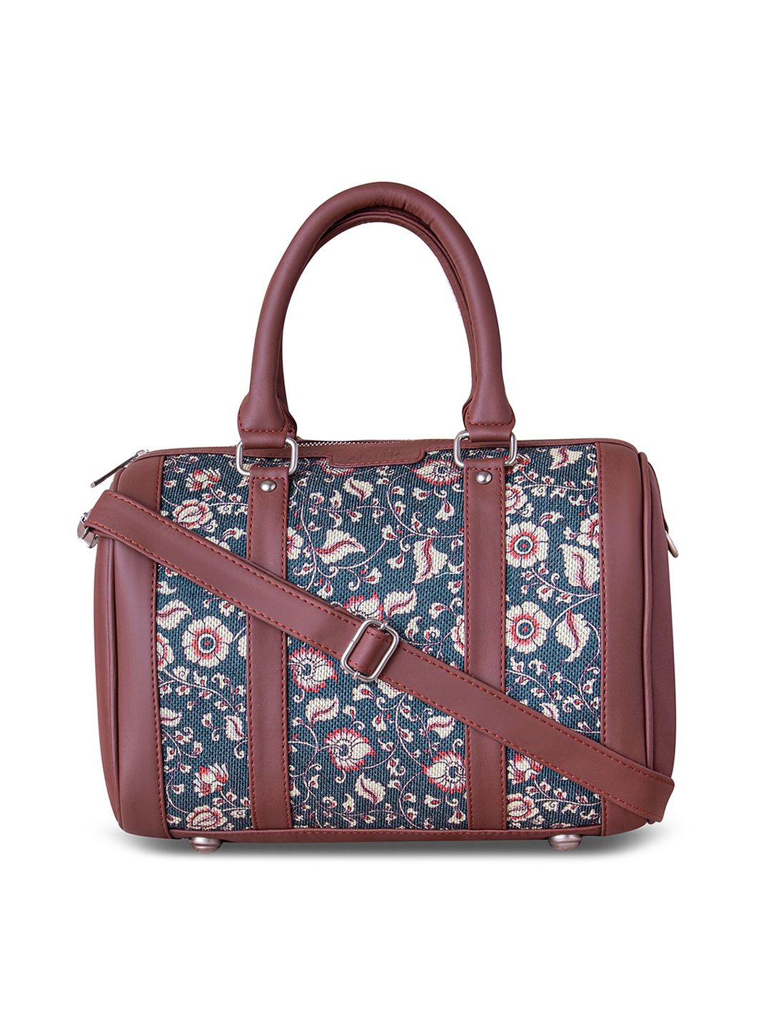 ZOUK Blue Floral Printed Structured Handheld Bag with Tasselled