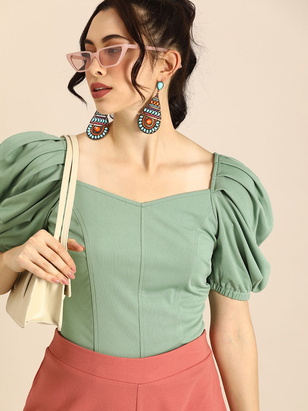 Athena Stylish Mint Green Power Shoulders Top