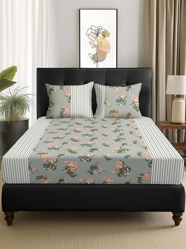 Story@home Arena Grey & Pink Floral Printed 180 TC Queen Bedsheet & 2 Pillow Covers