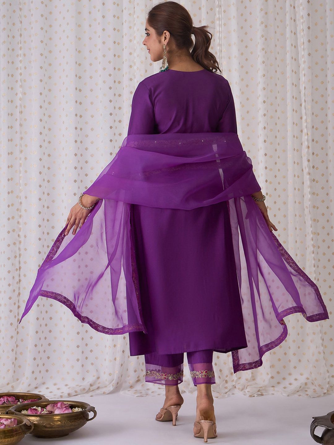Indo Era Floral Embroidered V-Neck Liva Kurta with Trousers & Dupatta