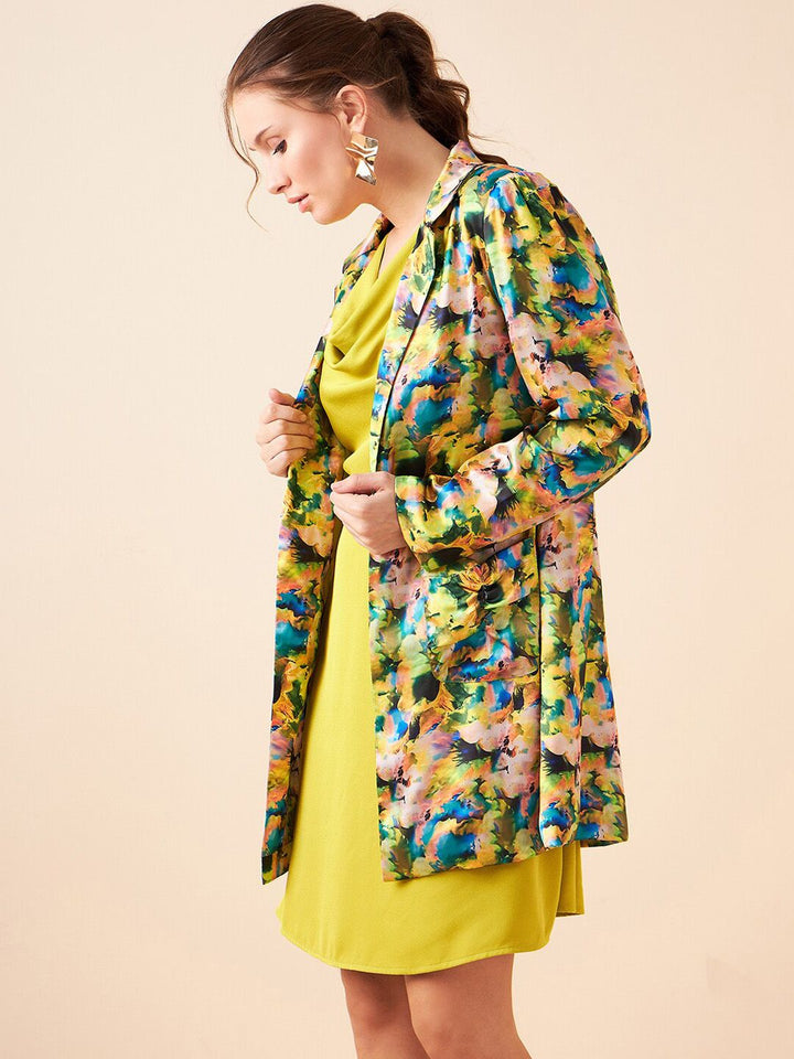 Antheaa Cowl Neck A-Line Dress With Printed Jacket