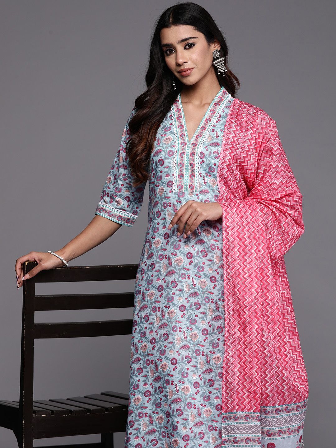 Libas Women Floral Printed Pure Cotton Kurta with Trousers & Dupatta