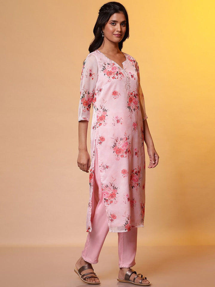 AURELIA Floral Printed Regular Thread Work Straight Kurta with Trousers & Dupatta