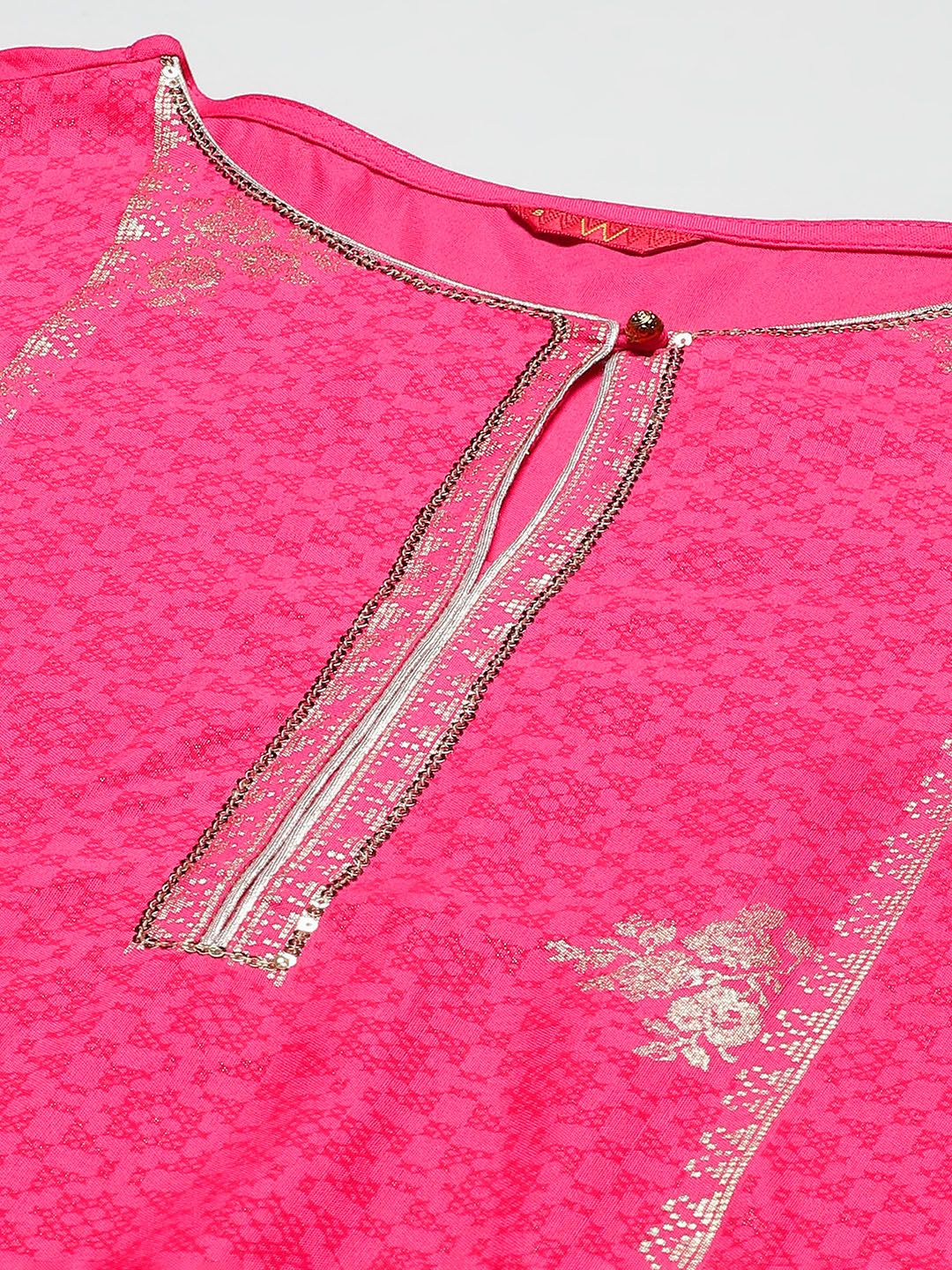 W Women Pink & Golden Geometric Printed Keyhole Neck Straight Kurta