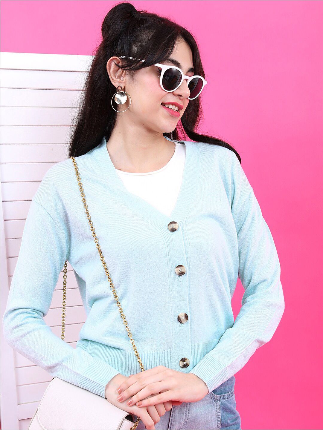 Tokyo Talkies Women Blue Solid Cardigan Sweater