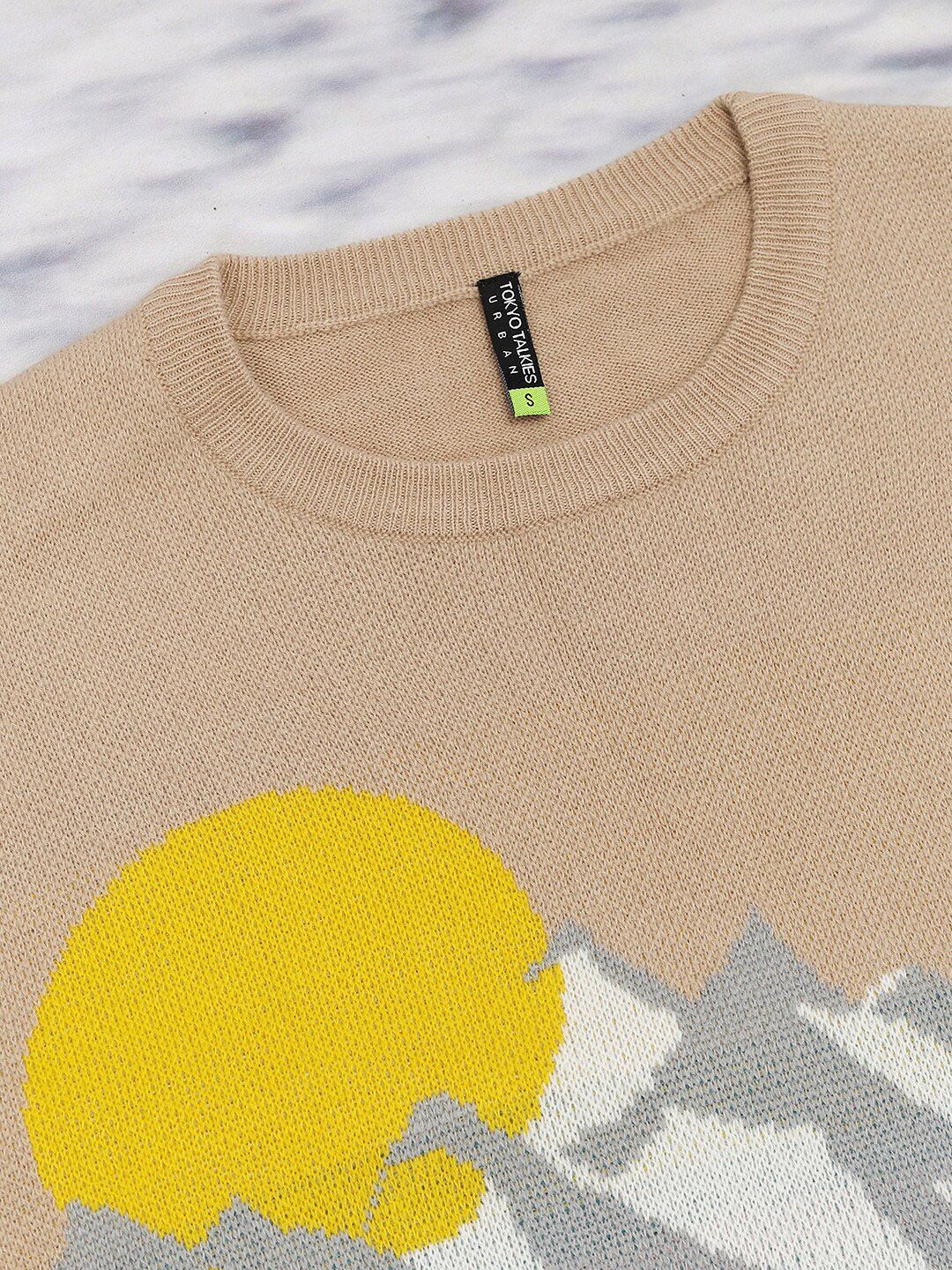 Tokyo Talkies Tan-brown Conversational Printed Jacquard Knitted Acrylic Pullover Sweater