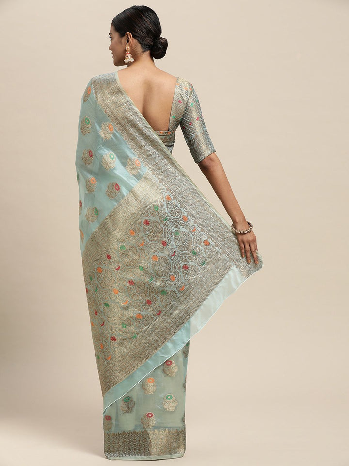 Saree mall Turquoise Blue Floral Silk Blend Banarasi Saree