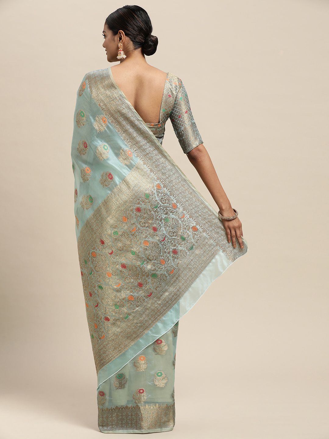 Saree mall Turquoise Blue Floral Silk Blend Banarasi Saree