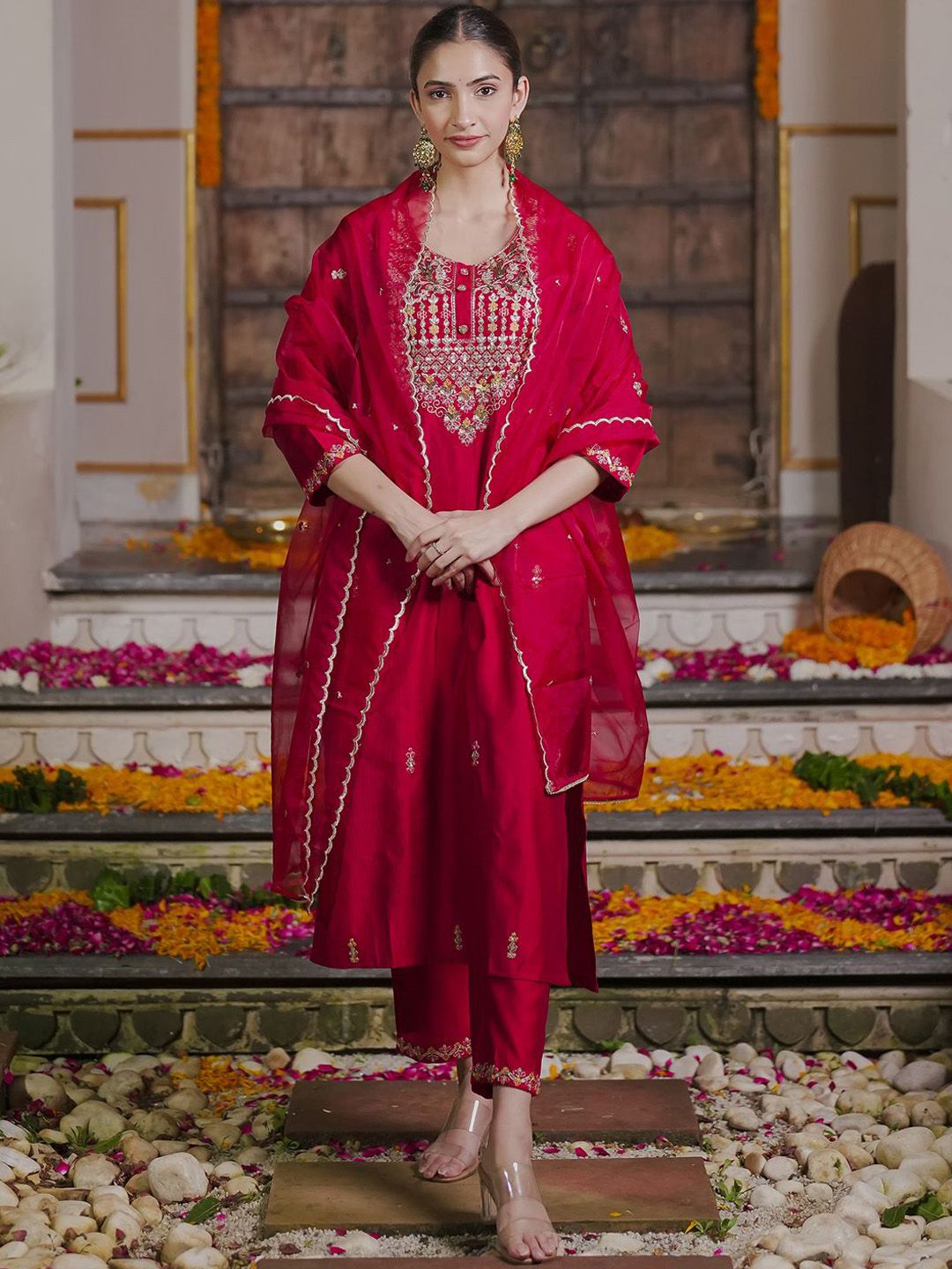 Indo Era Embroidered Sequinned Straight Kurta With Trousers & Dupatta