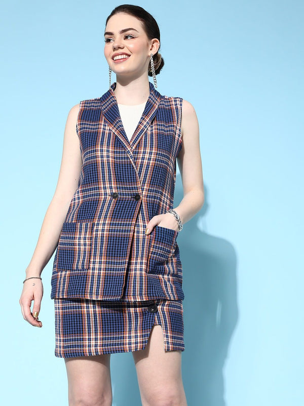 SASSAFRAS Women Blue & Orange Flannel Check Double-Breasted Blazer