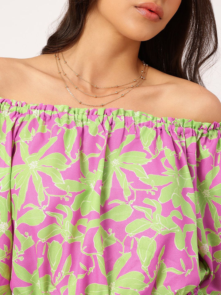 DressBerry Leafy Love Printed Off-Shoulder Blouson Crop Top