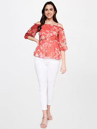 AND Floral Printed Puff Sleeves Bardot Top