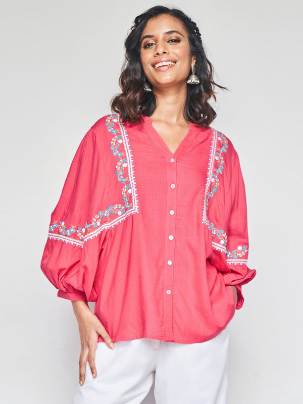 Global Desi Floral Cultan Mandarin Collar Shirt Style Top