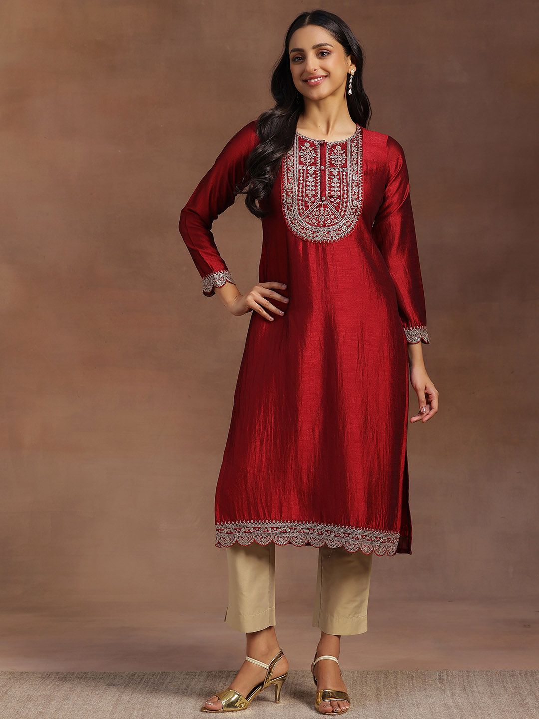Libas Women Maroon Yoke Design Embellished Kurta