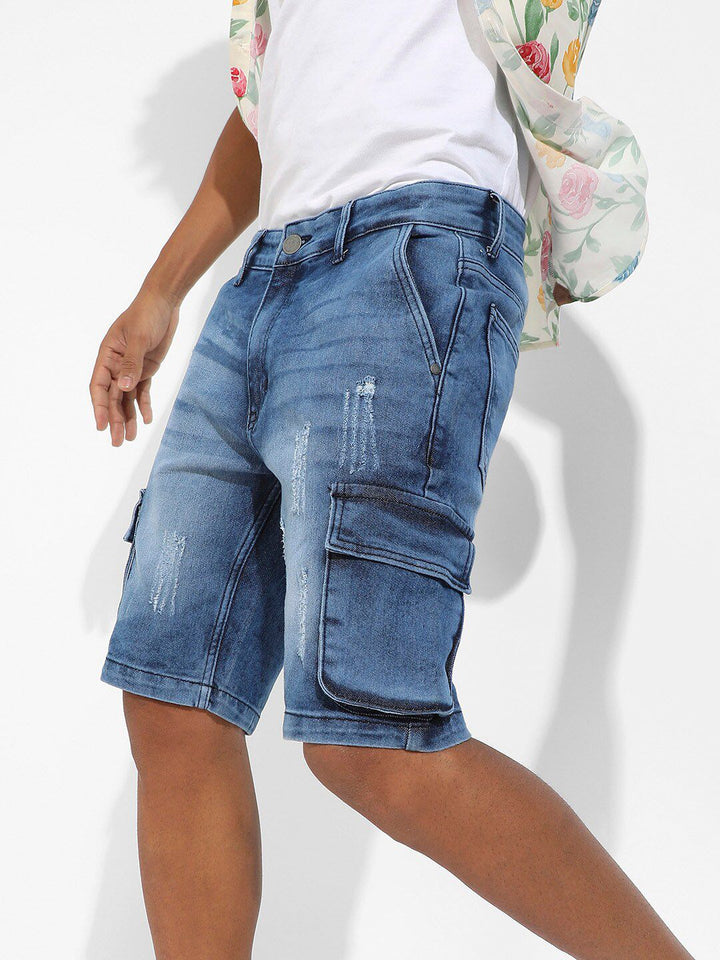 Campus Sutra Men Washed Regular Fit Mid Rise Outdoor Cotton Shorts