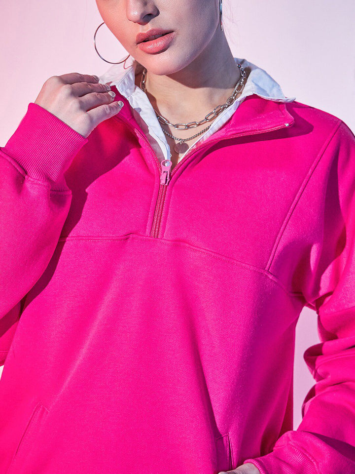 STREET 9 Fuchsia Typography Printed Mock Collar Pullover Fleece Sweatshirt