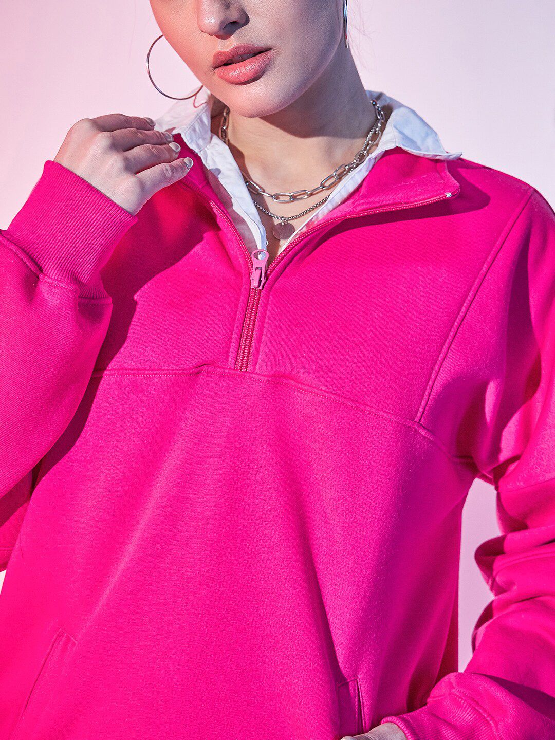 STREET 9 Fuchsia Typography Printed Mock Collar Pullover Fleece Sweatshirt