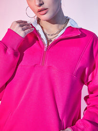 STREET 9 Fuchsia Typography Printed Mock Collar Pullover Fleece Sweatshirt