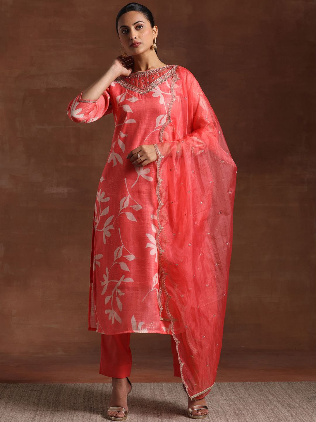 Libas Floral Yoke Design Straight Kurta with Trousers & Dupatta