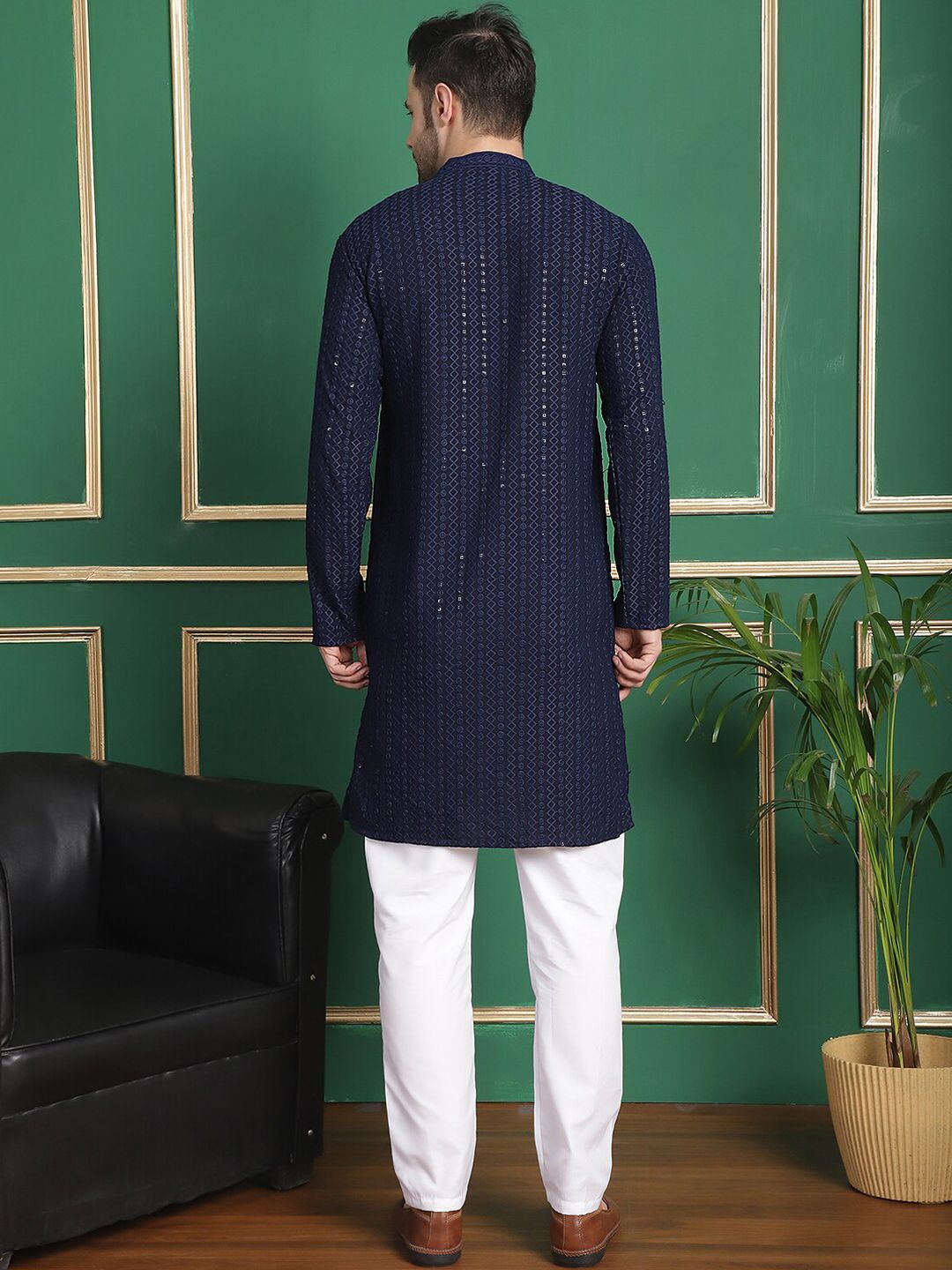 Anouk Navy Blue Geometric Embroidered Sequinned Kurta with Pyjamas