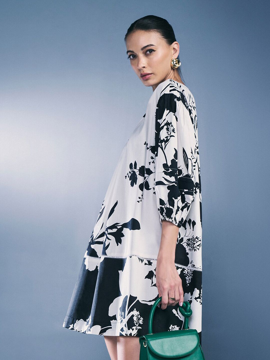 AND Floral Printed Round Neck Pure Cotton A-Line Dress