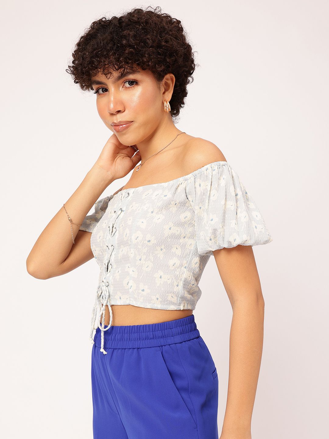 DressBerry Floral Sass Printed Off-Shoulder Bardot Crop Top