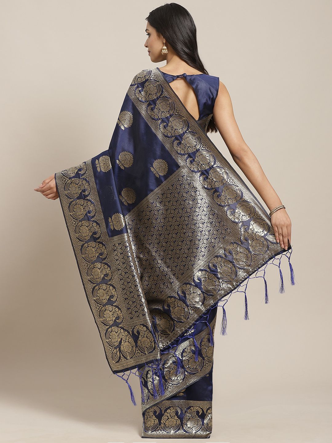 Saree mall Navy Blue & Golden Woven Design Banarasi Saree