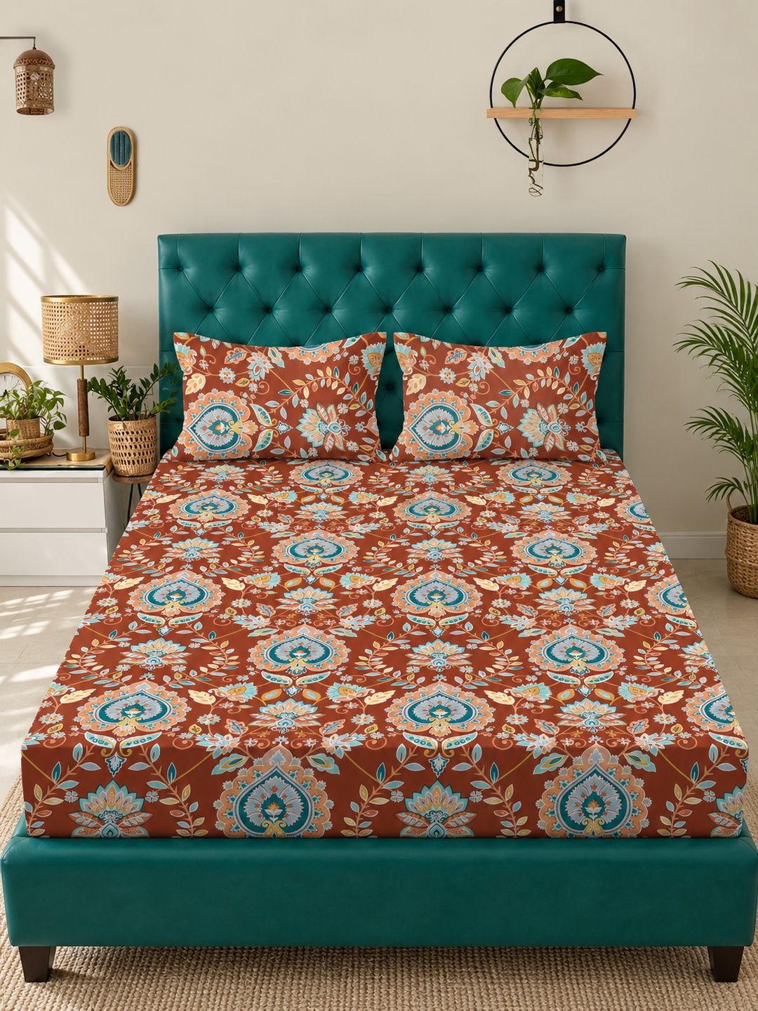 Myntra Elegant Homes Rust Floral 300 TC King Bedsheet with 2 Pillow Covers