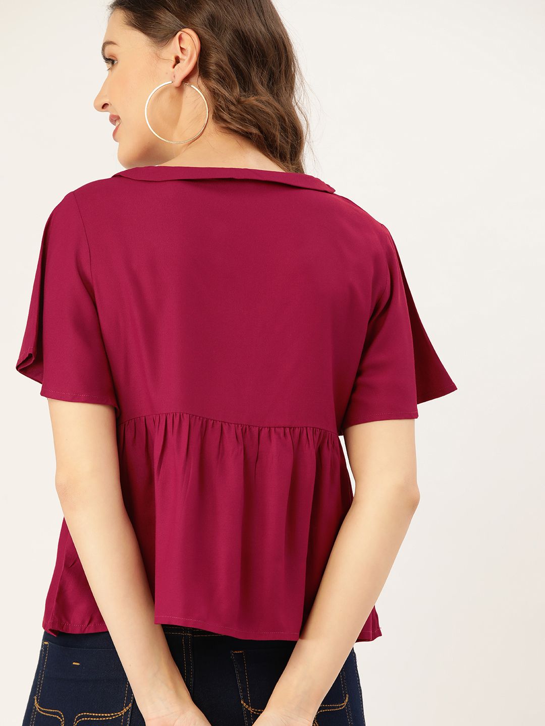 Dressberry magenta & beige pepejal ecovero sulaman terperinci A-line atas